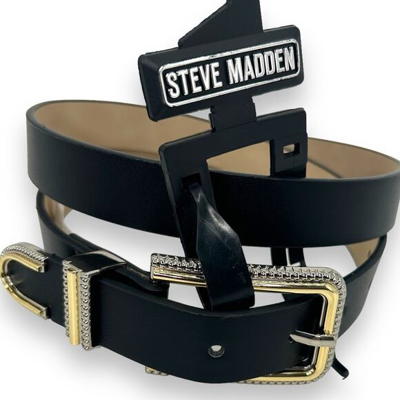 NEW Steve Madden Belt Small Black Faux Leather Belt Western Goth Silver Gold - Picture 2 of 8